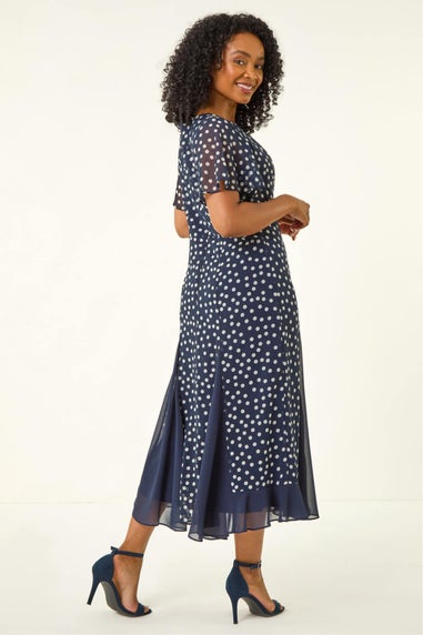 Roman Navy Petite Spot Print Godet Hem Midi Dress