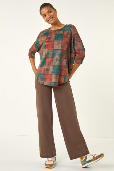 Roman Dark Orange Patchwork Print Round Hem Top