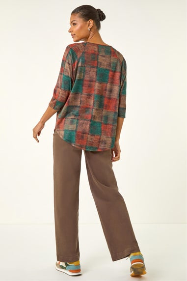 Roman Dark Orange Patchwork Print Round Hem Top