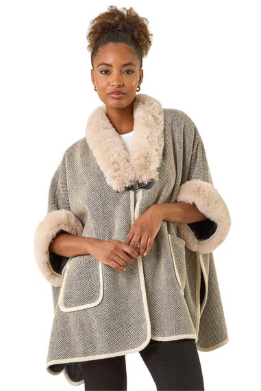 Roman Light Grey Faux Fur Pocket Poncho