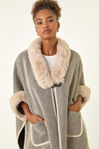 Roman Light Grey Faux Fur Pocket Poncho
