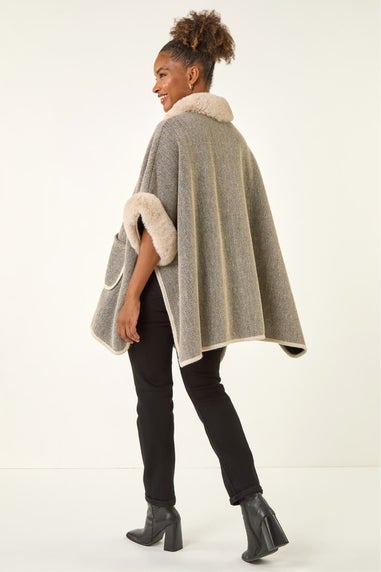 Roman Light Grey Faux Fur Pocket Poncho