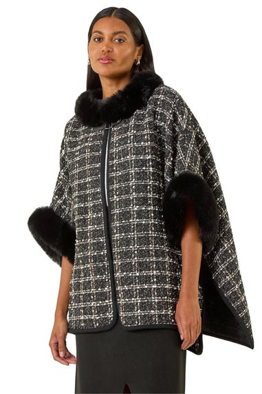 Roman Black Faux Fur Jacquard Knit Poncho