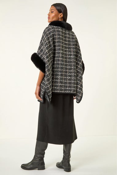 Roman Black Faux Fur Jacquard Knit Poncho
