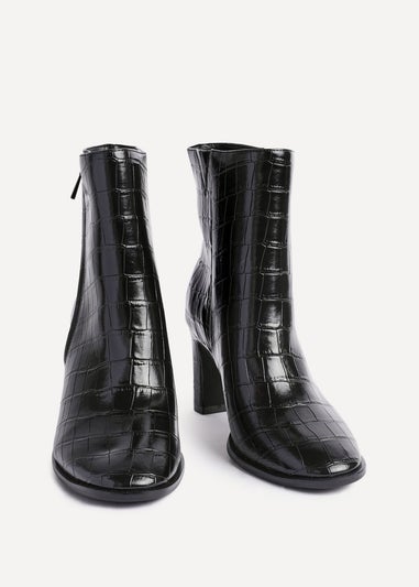 Linzi Jonas Black Faux Croc Patent Leather Block Heel Ankle Boot