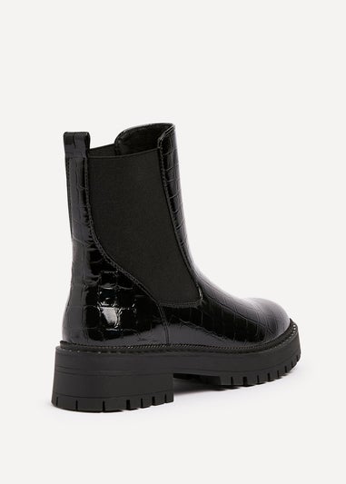 Linzi Landon Black Faux Croc Patent Leather Chunky Ankle Boot
