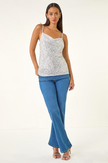 Dusk Silver Cowl Neck Sequin Cami Top