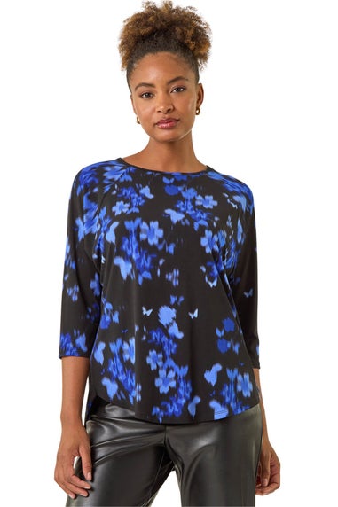 Roman Royal Blue Floral Print Round Hem Top