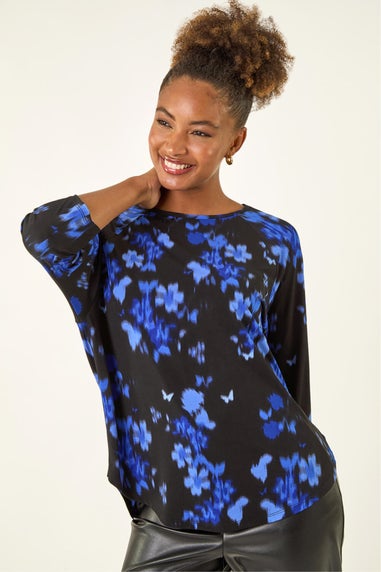 Roman Royal Blue Floral Print Round Hem Top
