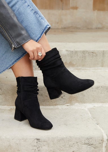 Linzi Zayda Wide Fit Black Faux Suede Ruched Heeled Ankle Boot