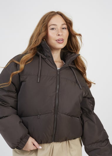 Brave Soul Chocolate Oversized Hooded Short Puffer Jacket