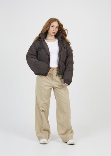 Brave Soul Chocolate Oversized Hooded Short Puffer Jacket