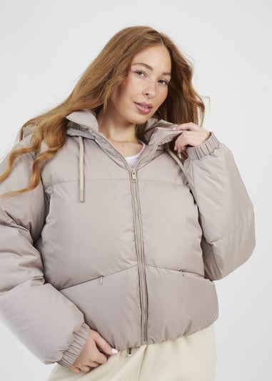 Brave Soul Stone Oversized Hooded Short Puffer Jacket