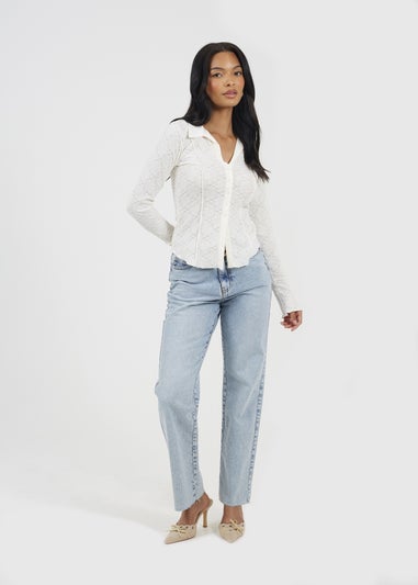 Brave Soul Cream Long Sleeve Collared Textured Jersey Top