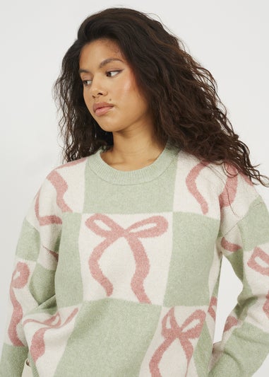 Brave Soul Soft Green Bow Jacquard Knit Jumper