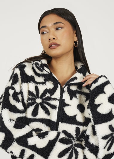 Brave Soul Black Graphic Flower Print Zip Through Sherpa Fleece
