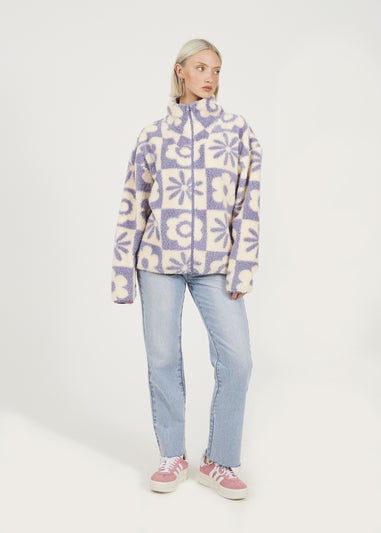 Brave Soul Lilac Graphic Flower Print Zip Through Sherpa Fleece