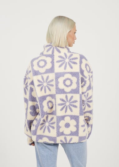Brave Soul Lilac Graphic Flower Print Zip Through Sherpa Fleece