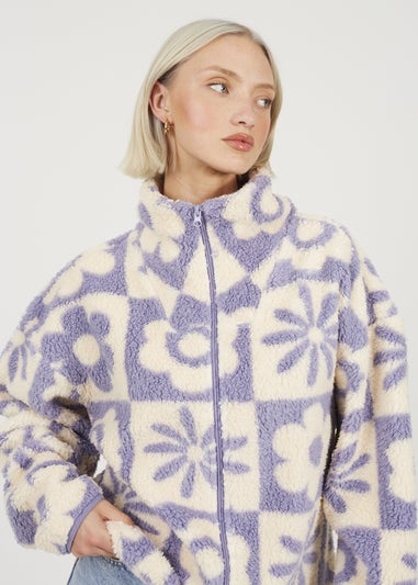 Brave Soul Lilac Graphic Flower Print Zip Through Sherpa Fleece