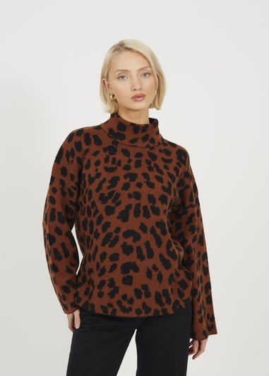 Brave Soul Brown Animal Jacquard Turtle Neck Tunic Jumper