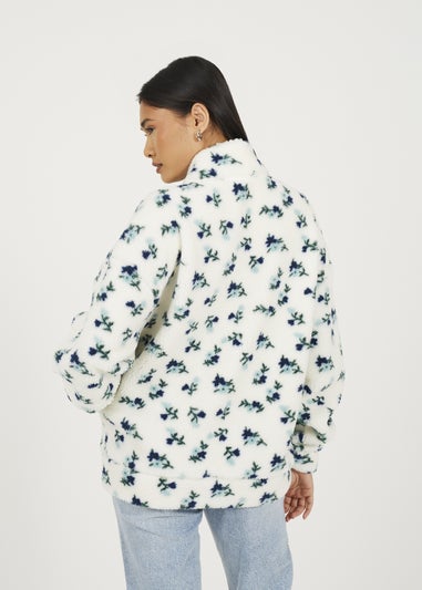 Brave Soul Cream Floral Print Zip Through Sherpa Fleece With Matching Scrunchie
