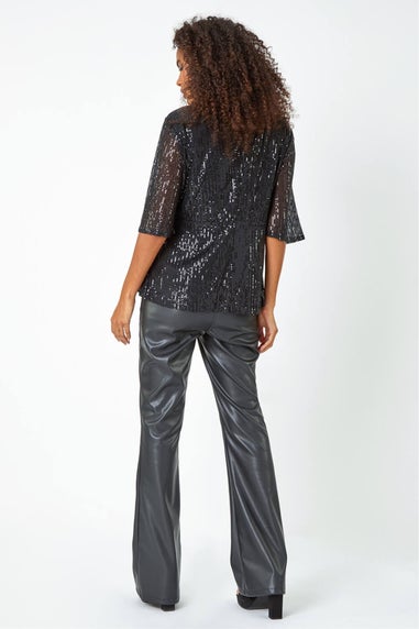 Dusk Black Sequin Tie Front V-Neck Stretch Top