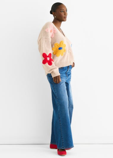 Gini London Camel Floral Knit Long Sleeves Cardigan