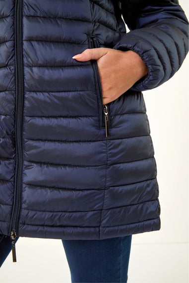 Roman Navy Petite Metallic Finish Quilted Puffer Coat