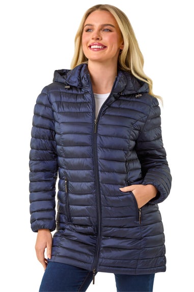 Roman Navy Petite Metallic Finish Quilted Puffer Coat