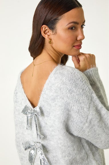 Dusk Light Grey Sequin Bow Cardigan