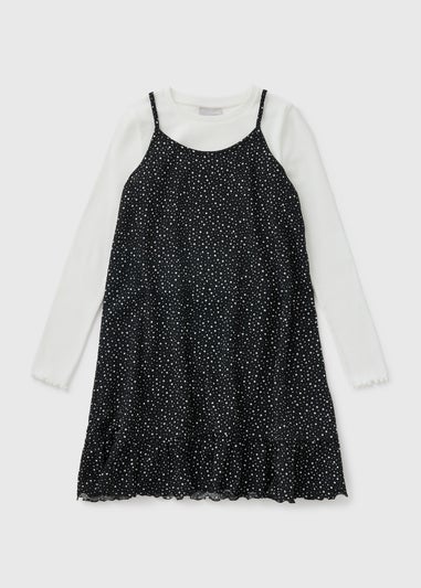 Girls Black Polka Dot Crinkle 2 In 1 Dress (7-15yrs)