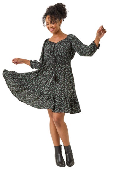 Roman Black Petite Floral Frill Dress