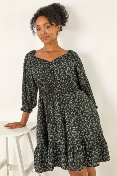 Roman Black Petite Floral Frill Dress