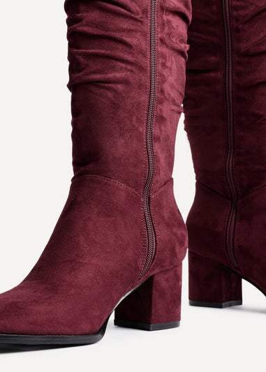 Linzi Margot Burgundy Faux Suede Knee High Block Heeled Ruched Boot
