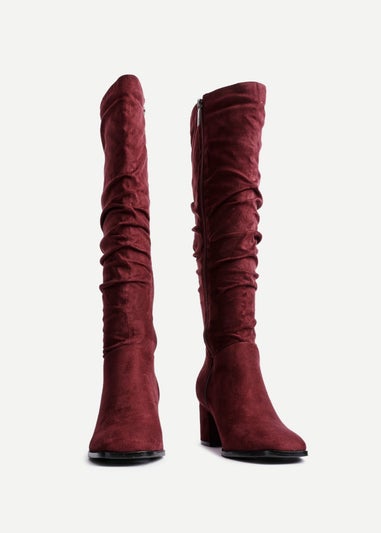 Linzi Margot Burgundy Faux Suede Knee High Block Heeled Ruched Boot