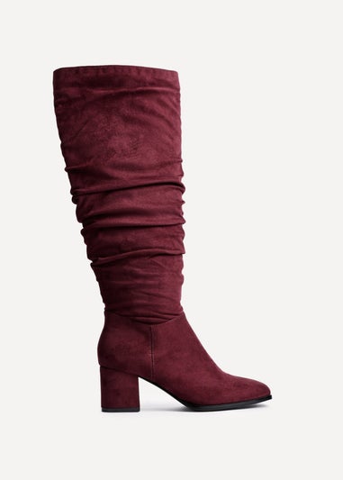 Linzi Margot Burgundy Faux Suede Knee High Block Heeled Ruched Boot