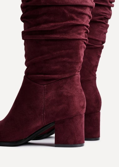 Linzi Margot Burgundy Faux Suede Knee High Block Heeled Ruched Boot