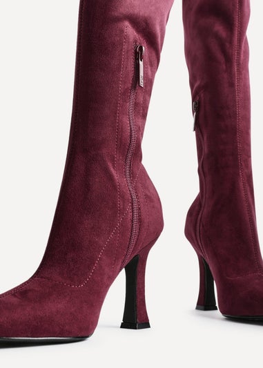 Linzi Gabrielle Burgundy Suede Square Toe Knee High Heeled Boot