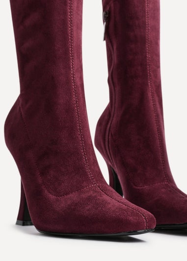 Linzi Gabrielle Burgundy Suede Square Toe Knee High Heeled Boot