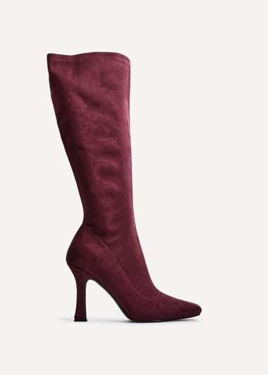 Linzi Gabrielle Burgundy Suede Square Toe Knee High Heeled Boot