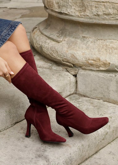 Linzi Gabrielle Burgundy Suede Square Toe Knee High Heeled Boot