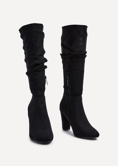 Linzi Aura Black Faux Suede Ruched Knee High Heeled Boot