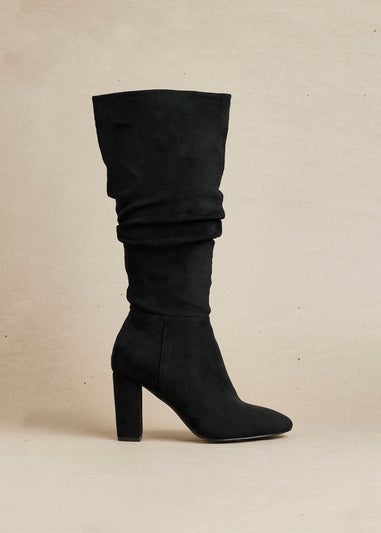 Linzi Aura Black Faux Suede Ruched Knee High Heeled Boot