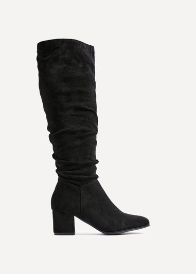 Linzi Margot Black Faux Suede Knee High Block Heeled Ruched Boot
