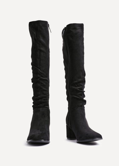 Linzi Margot Black Faux Suede Knee High Block Heeled Ruched Boot