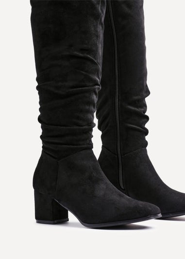Linzi Margot Black Faux Suede Knee High Block Heeled Ruched Boot