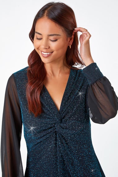 Roman Teal Petite Twist Front Chiffon Sleeve Stretch Top
