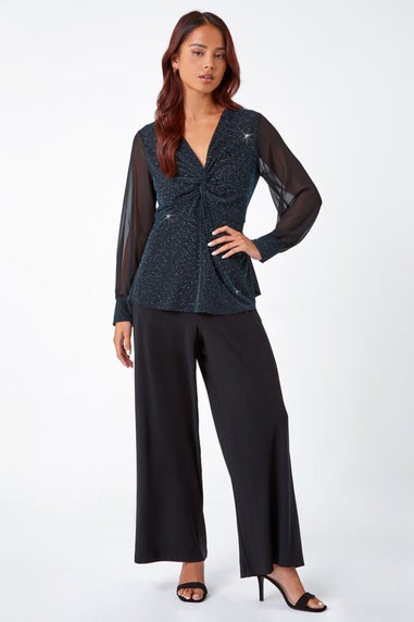 Roman Teal Petite Twist Front Chiffon Sleeve Stretch Top