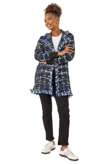 Roman Navy Check Fringe Knit Cardigan