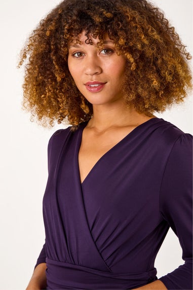 Roman Purple Mock Wrap V-Neck Stretch Midi Dress